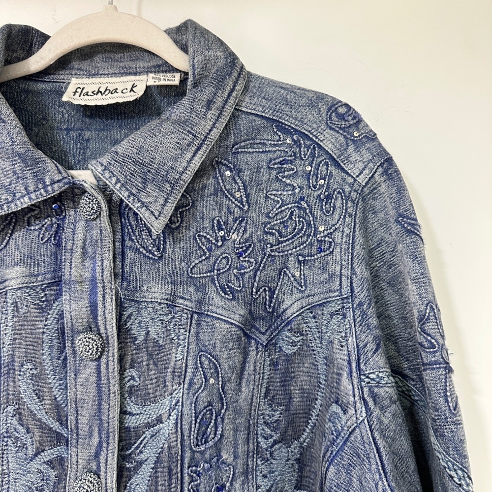 Flashback Embroidered Jacket Womens 1X Blue Floral Lace Art to Wear Boho